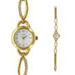 Montre dame métal doré, boîtier fond blanc, bracelet avec pierres synthétiques (755140DB)
