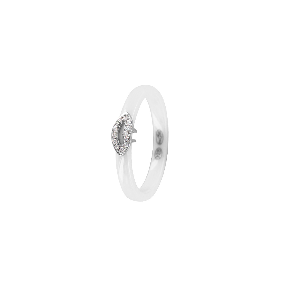 Bague céramique blanche avec motif bouche argent 925/1000e rhodié et oxydes de zirconium