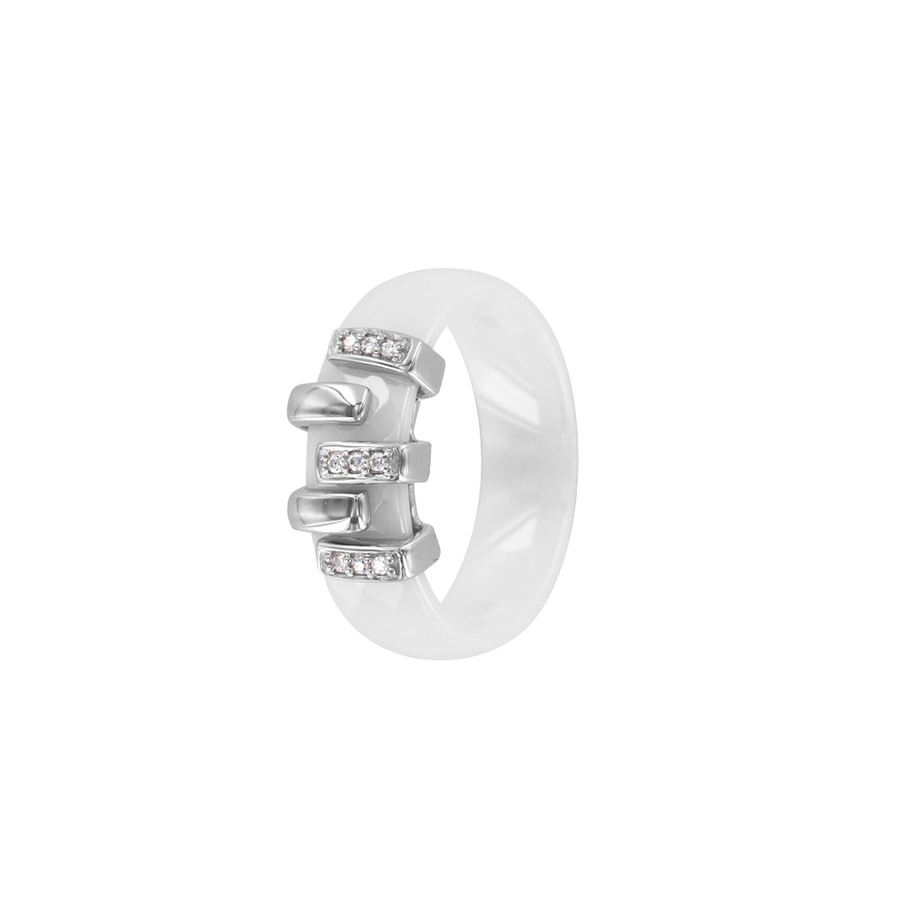 Bague céramique blanche argent 925/1000e rhodié et oxydes de zirconium