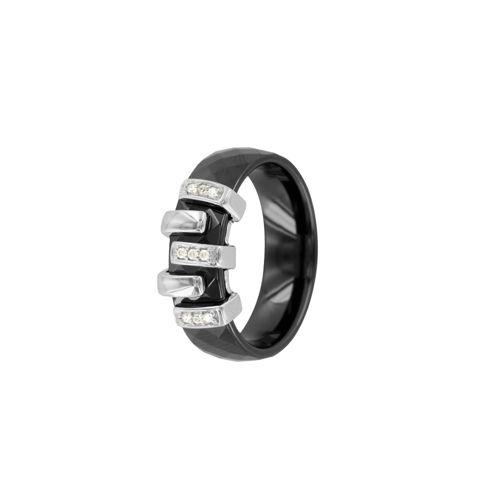 Bague céramique noire argent 925/1000e rhodié et oxydes de zirconium