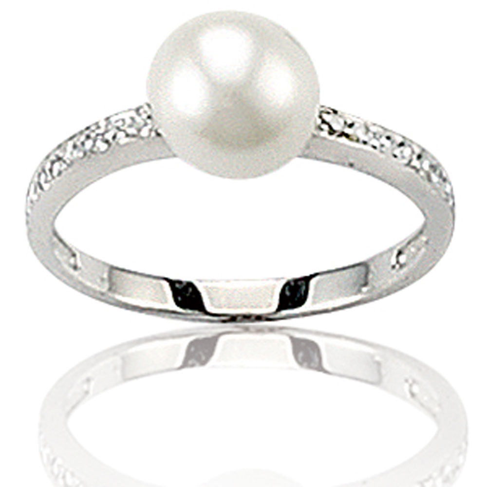 Bague or gris 750/1000e, perle de culture et diamant - Blanc (0,133 carat)