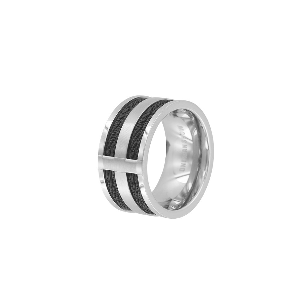 Bague acier et cable noir pour homme