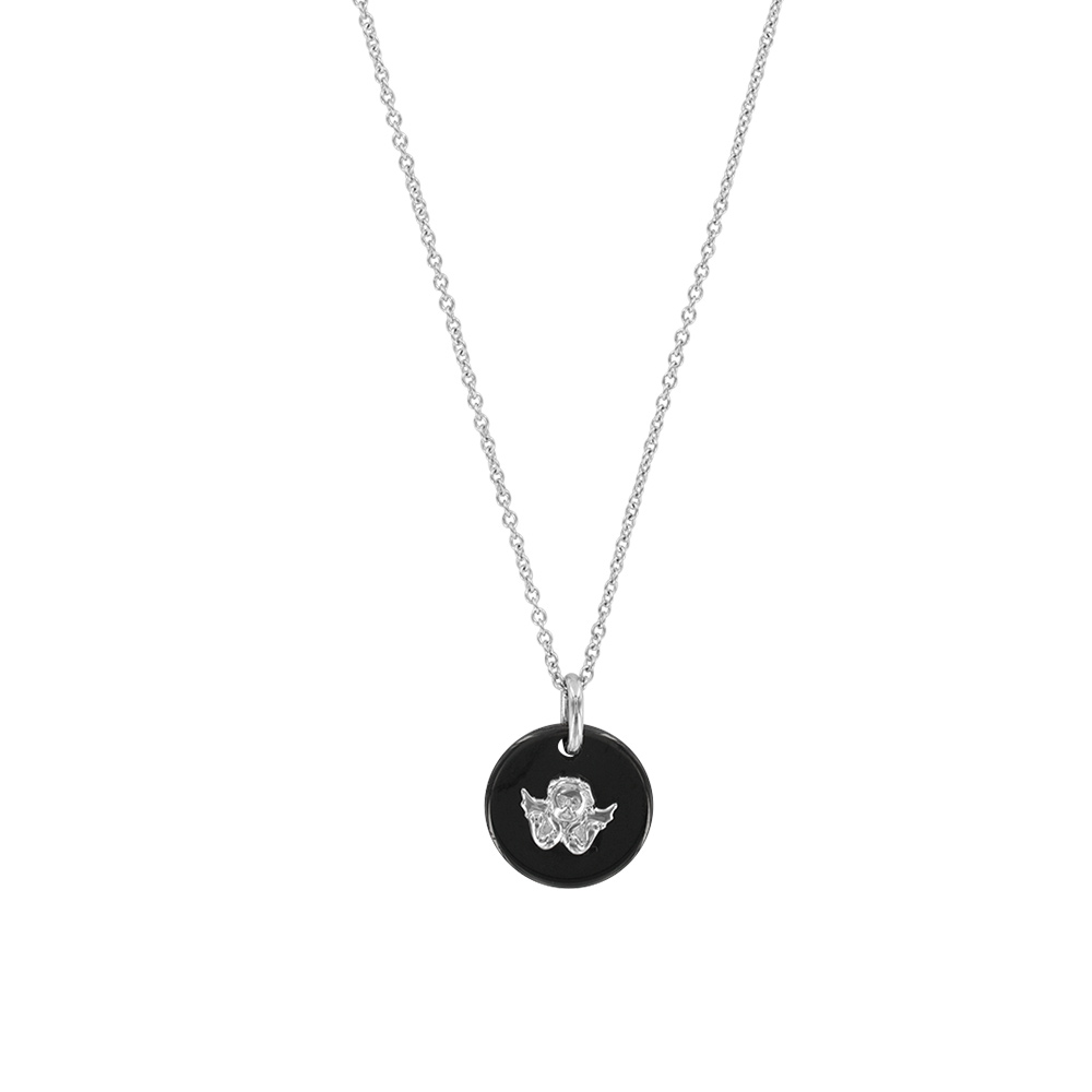 Collier céramique rond noir avec motif ange argent 925/1000e rhodié