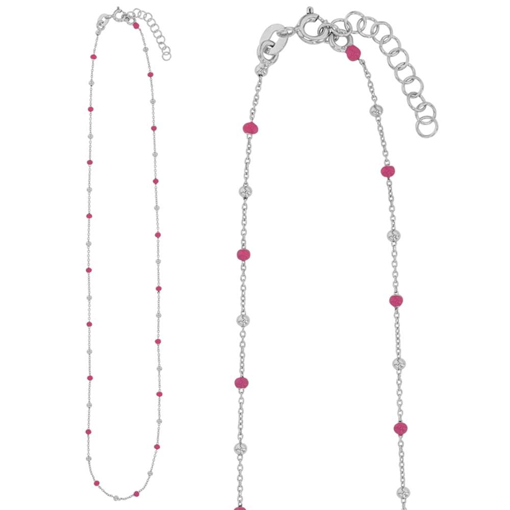 Collier argent 925/1000 rhodié et boules recouvertes d'émail rose fuchsia (3171082021F)