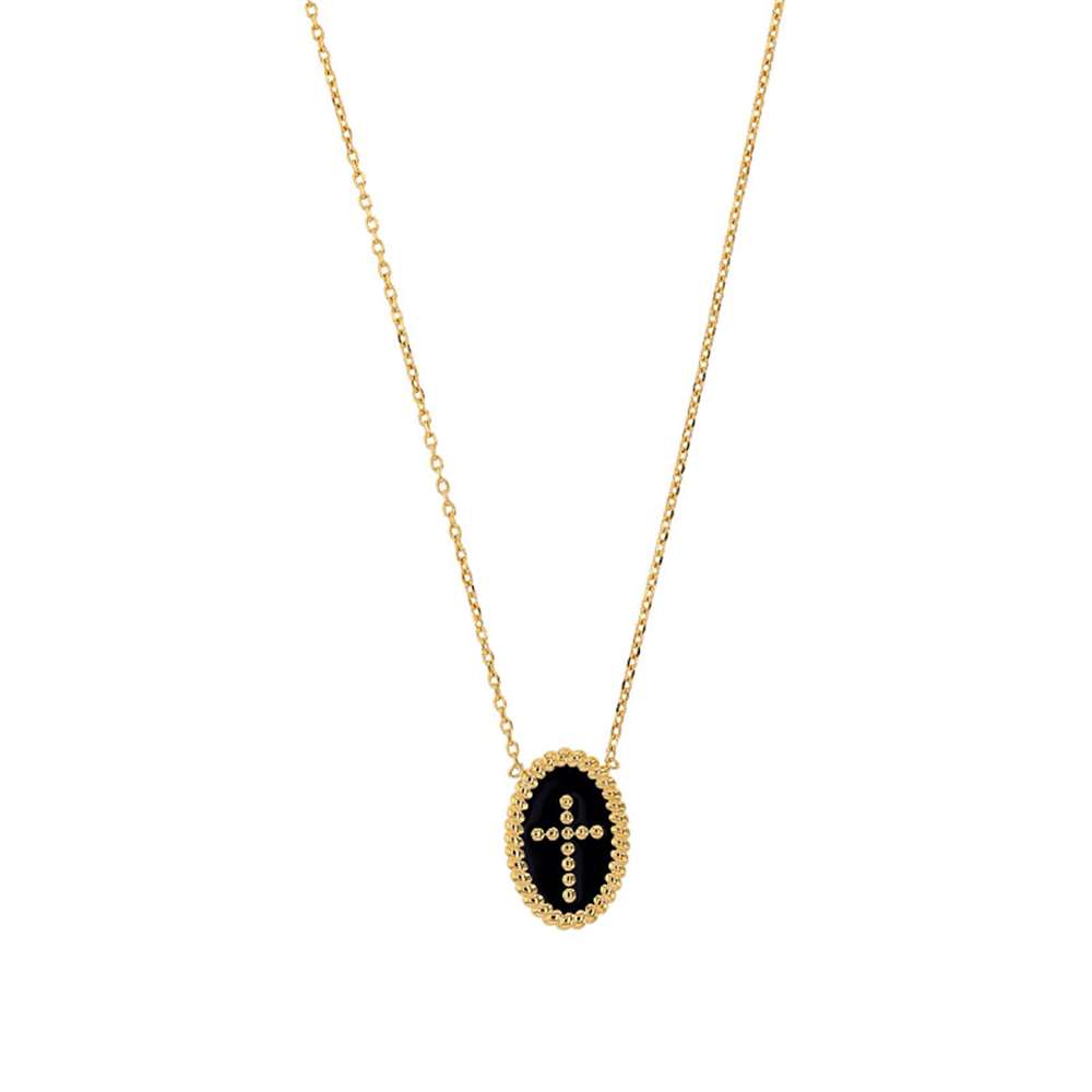 Collier plaqué or avec pendant ovale perlé croix émail noir (327009N)