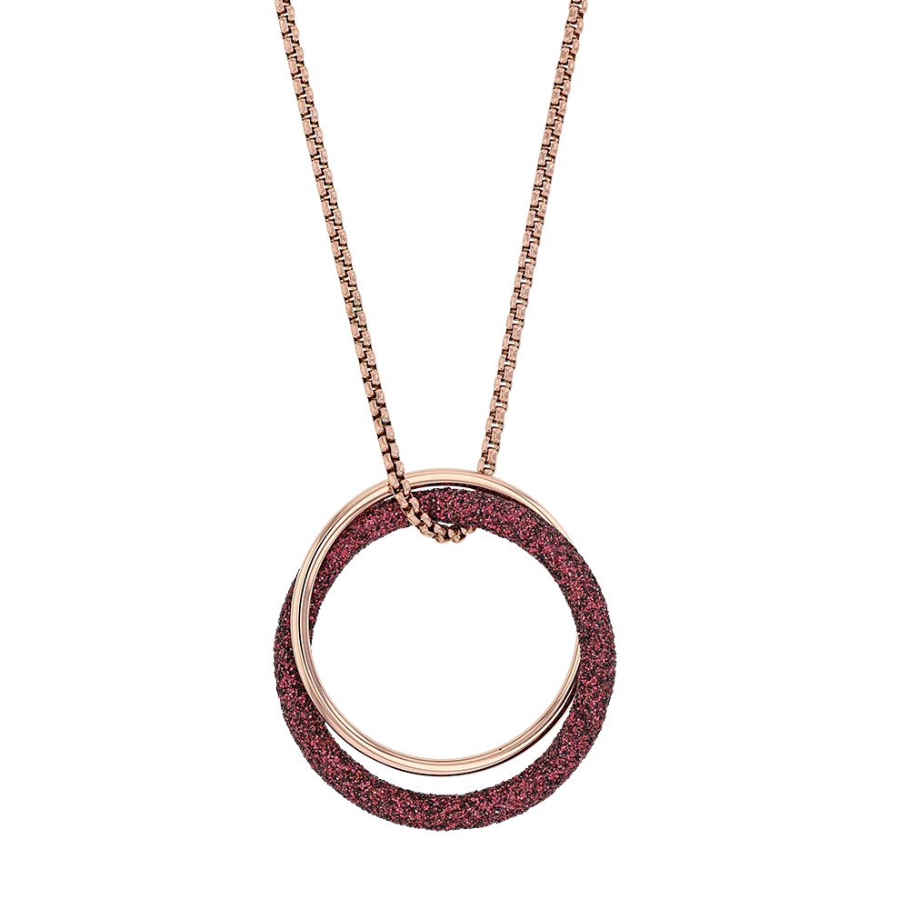 Collier en acier doré rose avec doubles ronds dont un recouvert de paillettes prunes (317251RP)