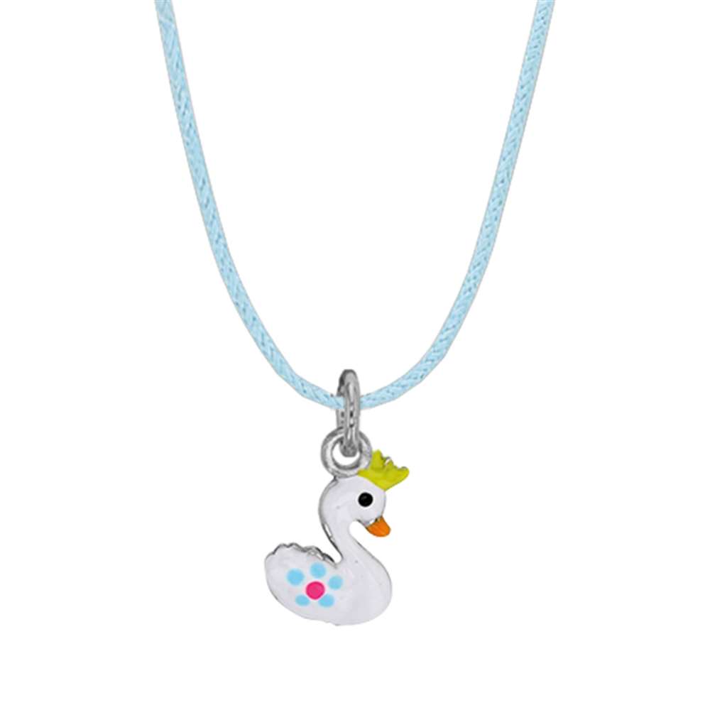 Collier cordon coton bleu ciel avec pendentif cygne en Argent 925/1000 rhodié et émail blanc (317131)