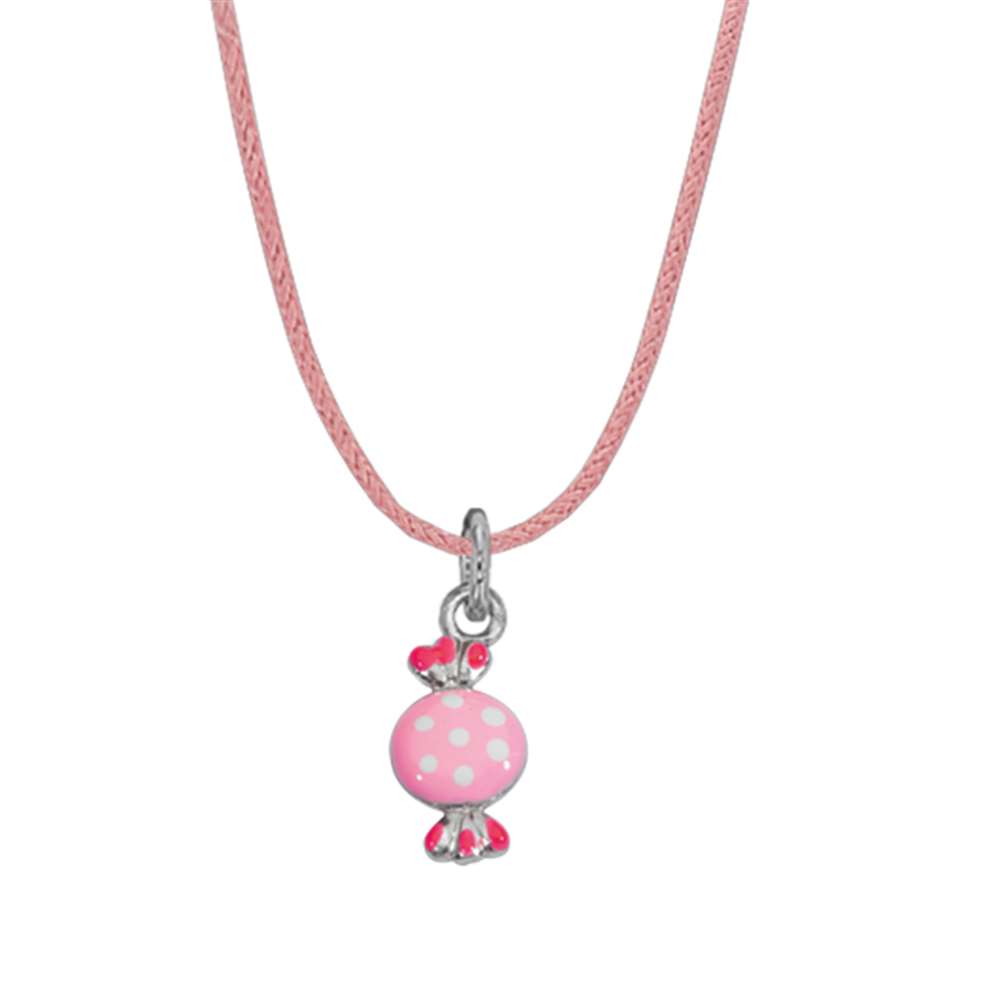 Collier en coton rose avec pendentif bonbon en Argent 925/1000 rhodié et émail (317133)