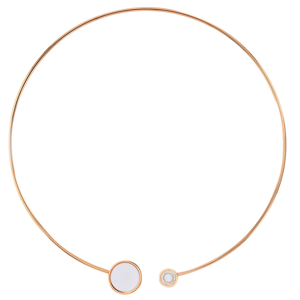 Collier torque acier doré-rose agrémenté de ronds en émail blanc dont 1 orné de cristaux (317033R)