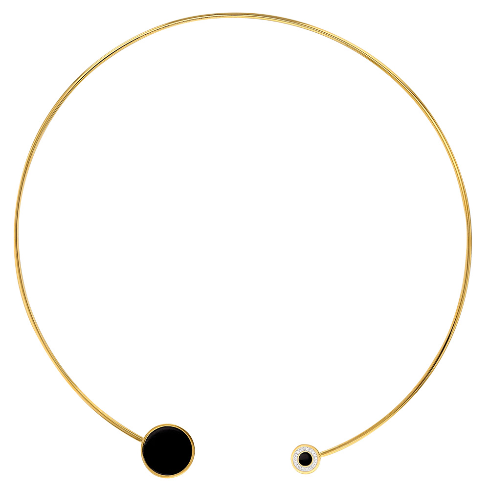 Collier torque acier doré agrémenté de ronds en émail noir dont 1 orné de cristaux (317033D)