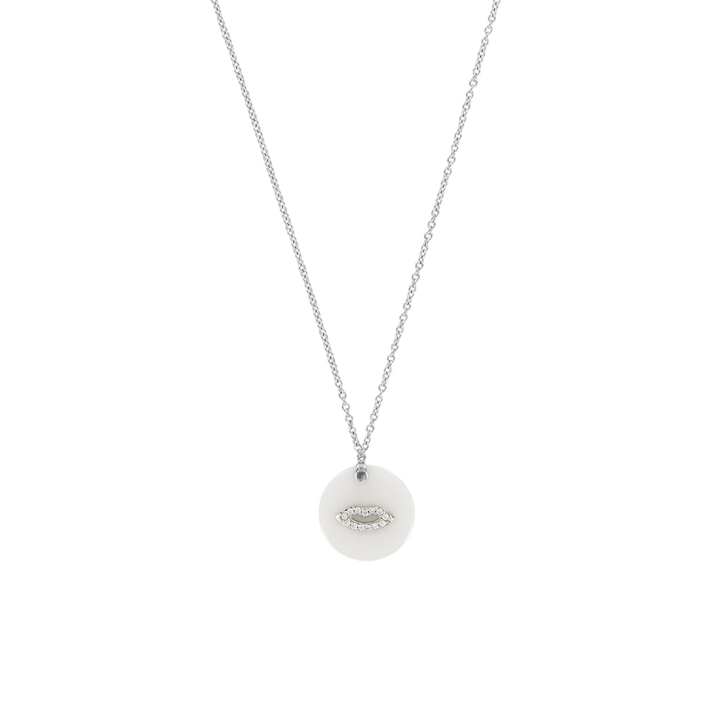 Collier céramique rond blanc avec motif bouche argent 925/1000e rhodiéet oxydes de zirconium