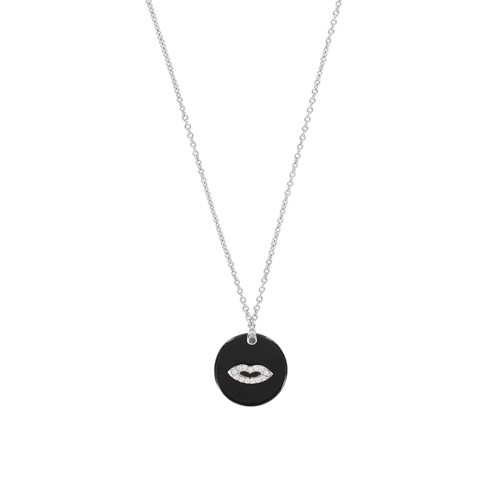 Collier céramique rond noir avec motif bouche !argent 925/1000 rhodiéet oxydes de zirconium