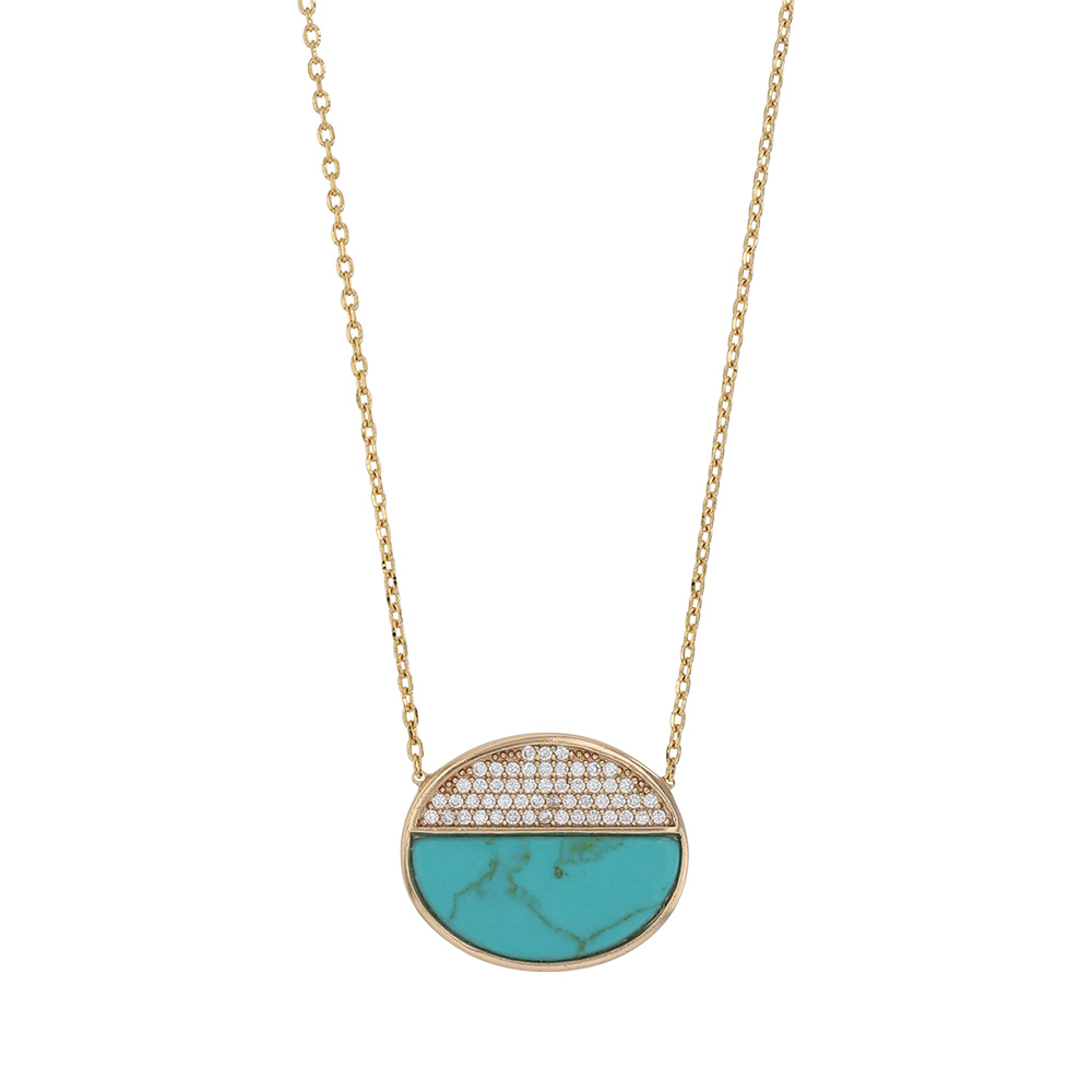 Collier argent 925/1000 doré de forme ovale en howlite naturelle et oxyde de zirconium (317042D)