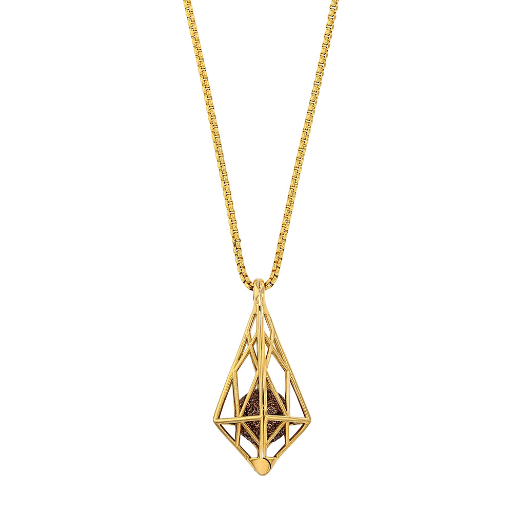 Collier en acier doré forme cage triangulaire avec une perle pailletée couleur bronze (317063DR)