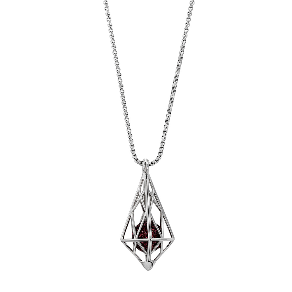 Collier en acier forme cage triangulaire avec une perle pailletée couleur prune (317063P)