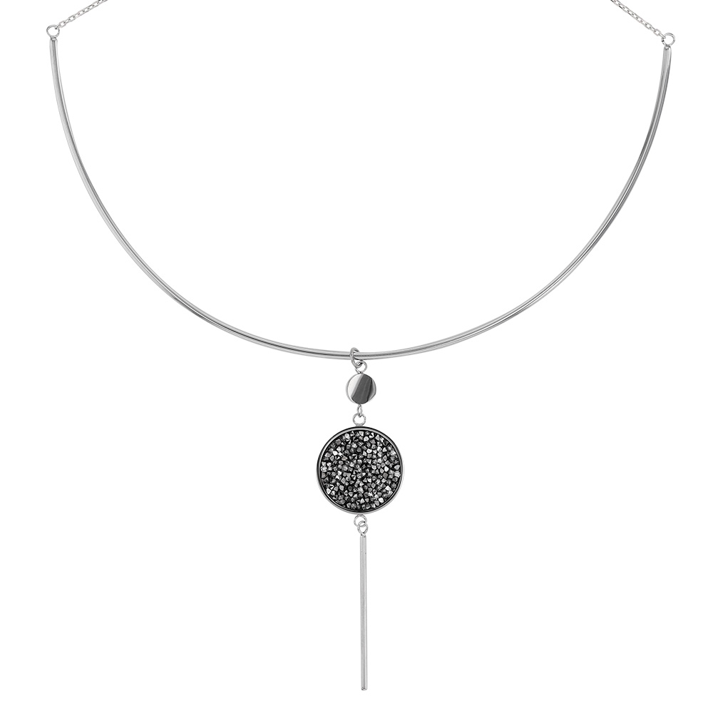 Collier rigide en acier avec pendant rond orné de cristaux gris (317034)