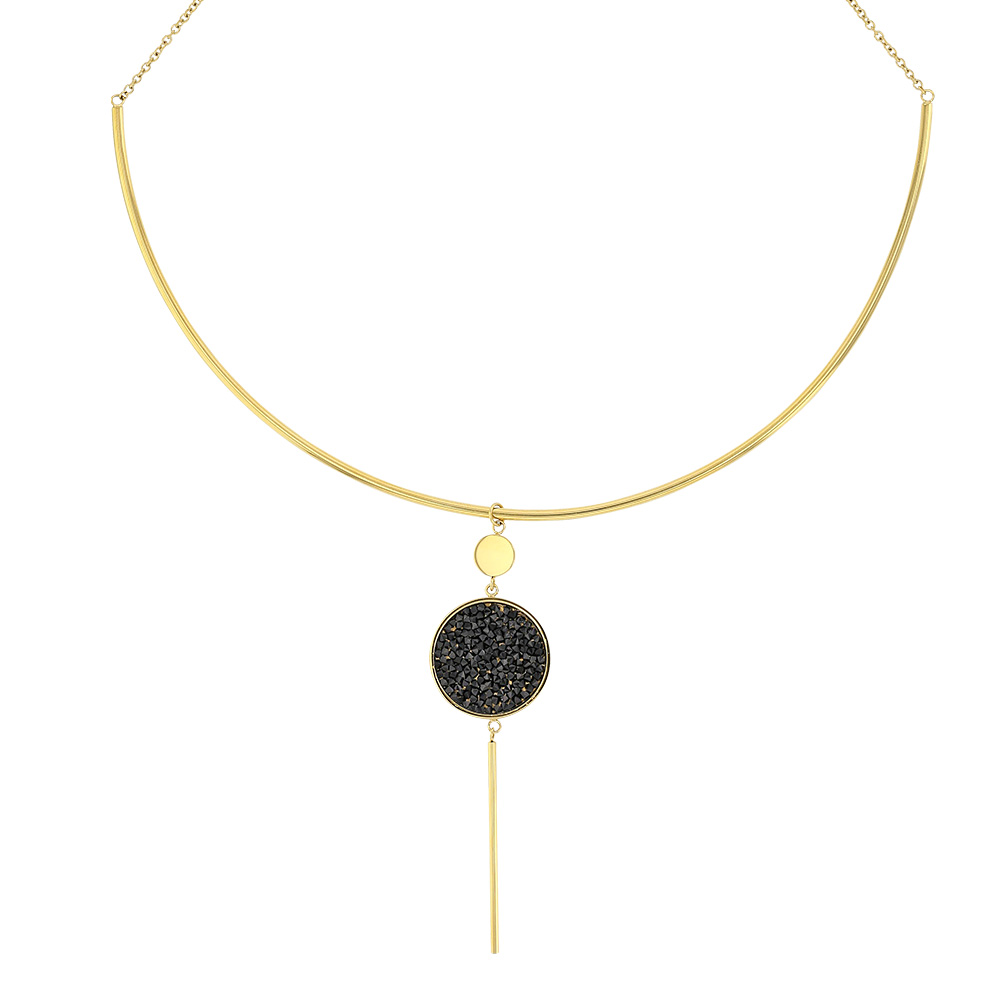 Collier rigide en acier doré avec pendant rond orné de cristaux noirs (317034D)