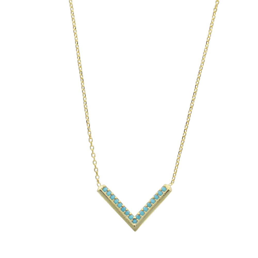 Collier V argent 925/1000 doré et turquoise synthétique