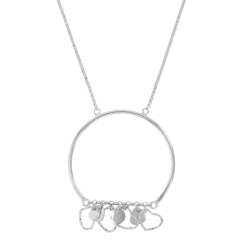 Collier argent rhodié cercle orné de petits coeurs lisses et diamantés (31710616)