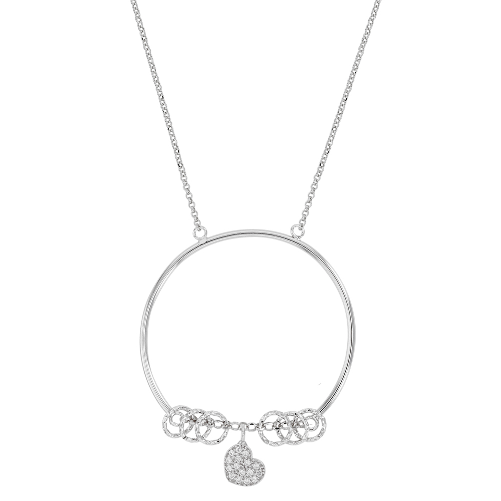 Collier anneau argent rhodié avec petits cercles diamantés et 1 coeur empierré (31710606)