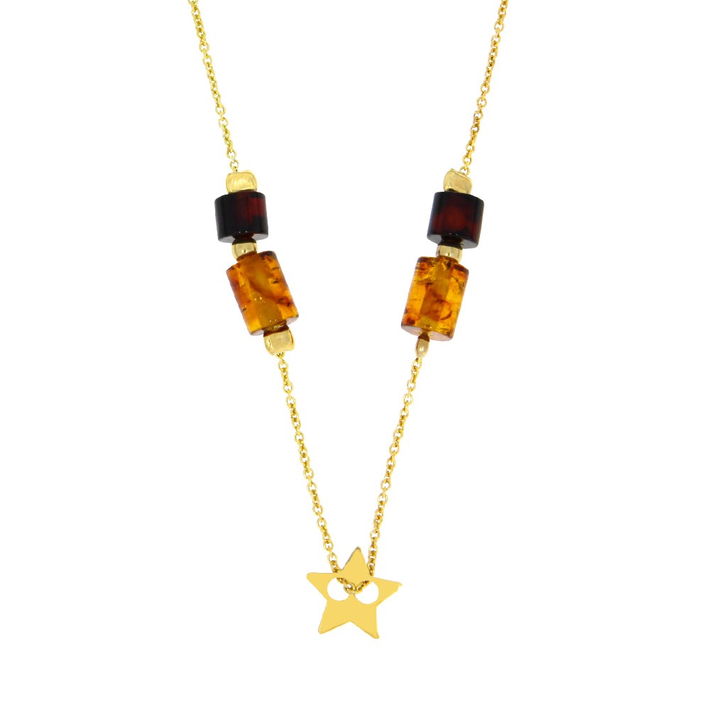 Collier pampille étoile en argent doré avec grandes pierres en ambre (31710483)