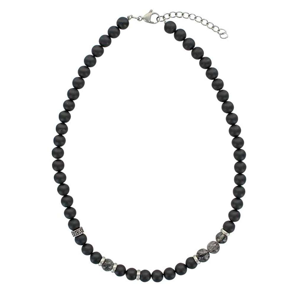 Collier boules Onyx et Quartz et éléments en Acier (317097)