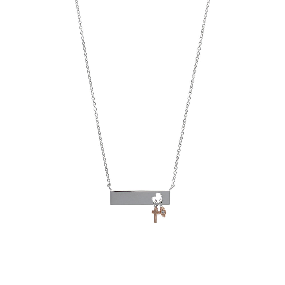 Collier plaque coeur orné d'une croix doré rose et d'un oeil oxydé (44 cm)