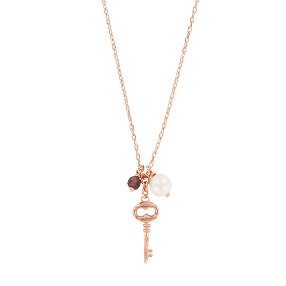 Collier - Argent 925/1000 - Doré rose - Perle de nacre et cristal teinté - Motif clé