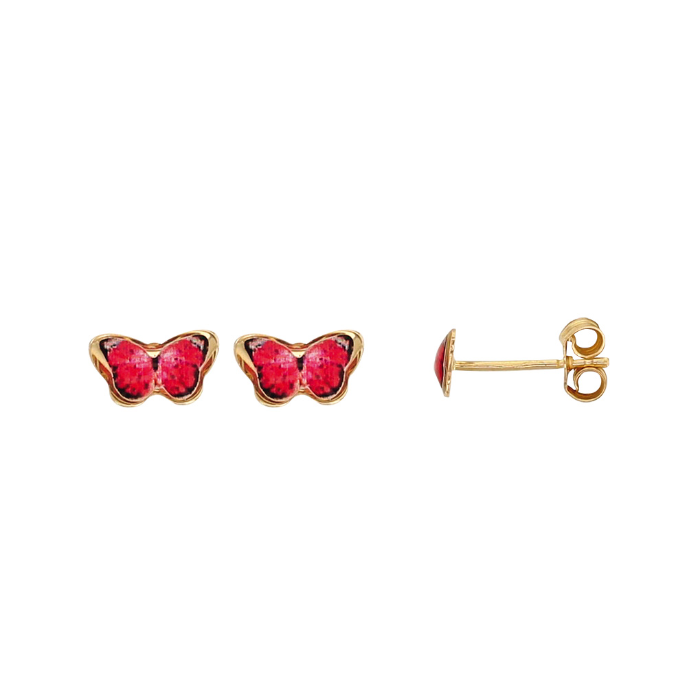 Boucles d'oreilles puces forme papillon émaillé rouge en Or 750/1000 pour enfant (303105)