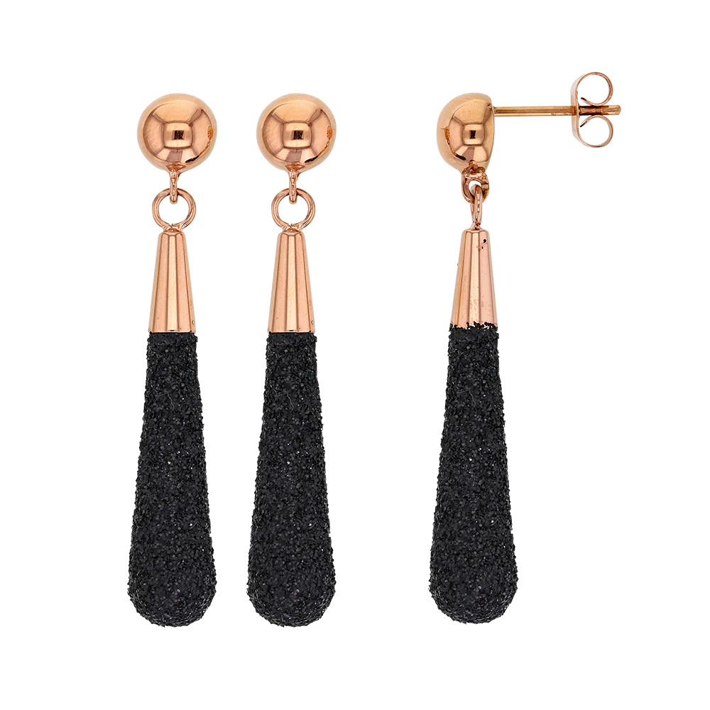 Boucles d'oreilles pendantes en acier doré rose avec paillettes noires (313249RN)