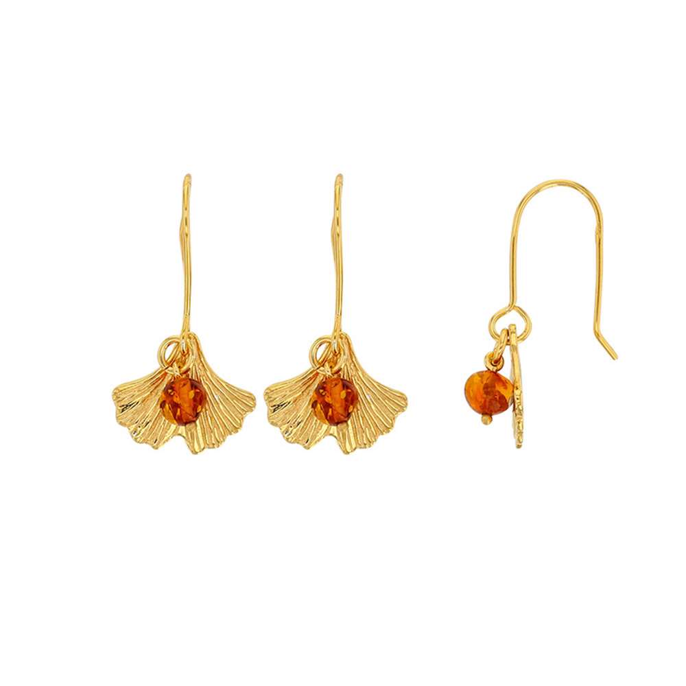 Fils d'oreilles feuille de Ginkgo argent 925/1000 doré et boule ambre cognac (31318243)