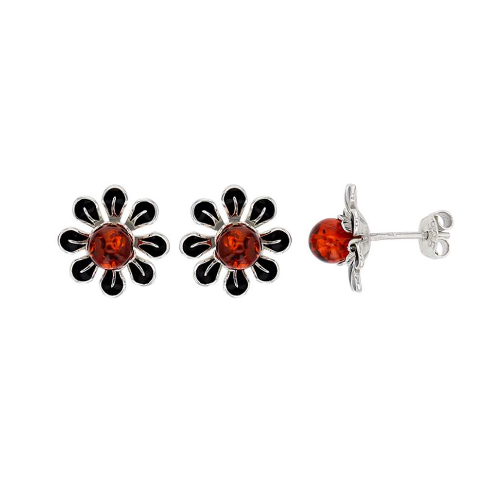 Boucles d'oreilles fleur ambre cognac et émail noir en argent 925/1000 rhodié (3130063)