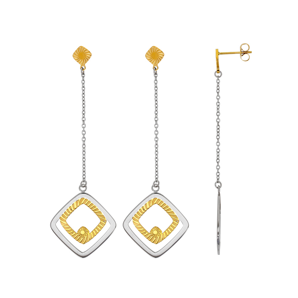 Boucles d'oreilles pendantes carrés emboîtés en acier et doré strié (313069)