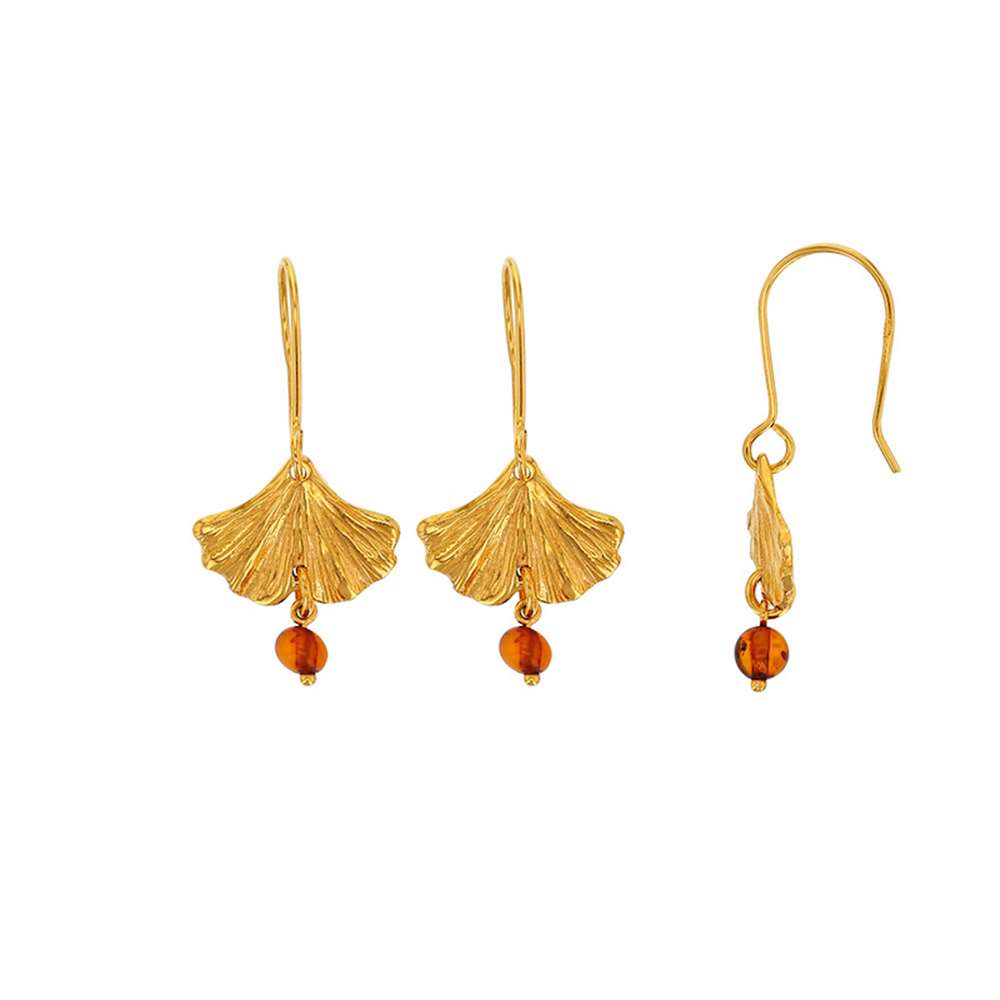 Fils d'oreilles feuille de Ginkgo avec pendant boule ambre cognac, argent 925/1000 doré (31318242)