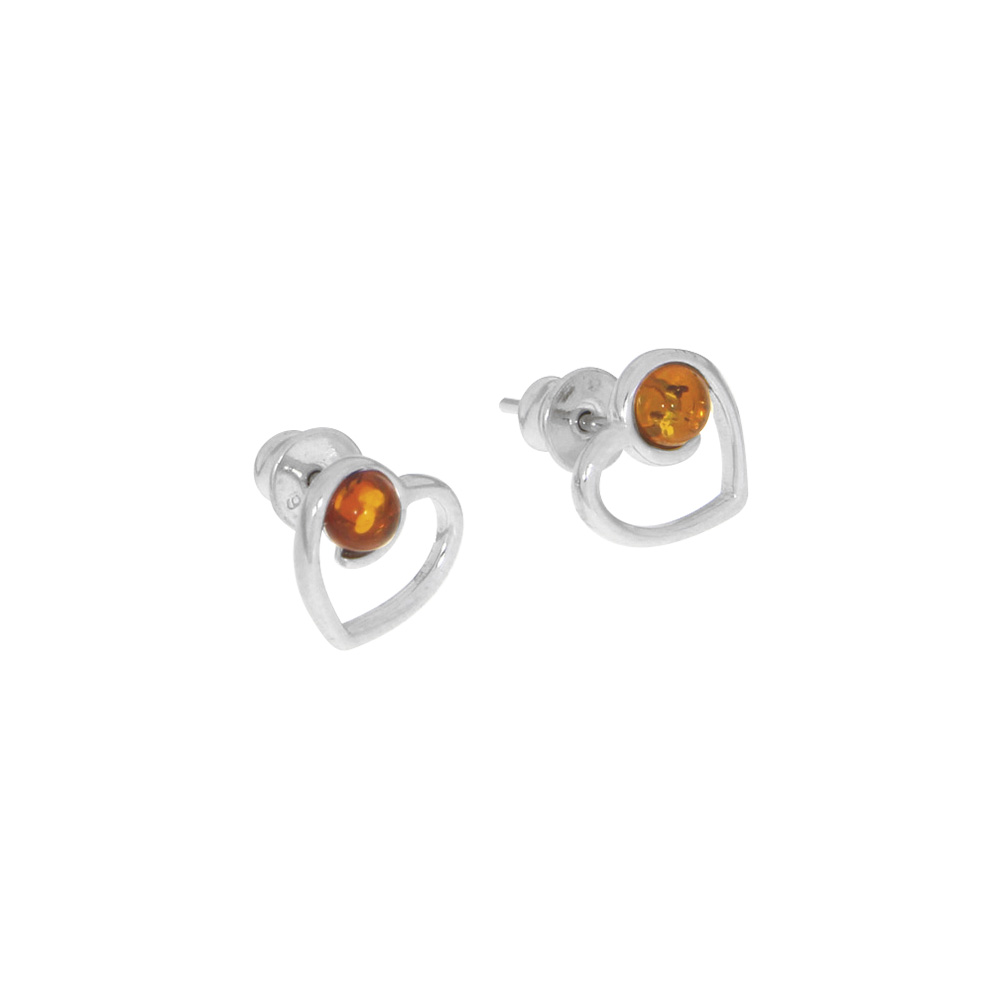 Boucles d'oreilles puces coeur en ambre et argent 925/1000 rhodié (3131641RH)