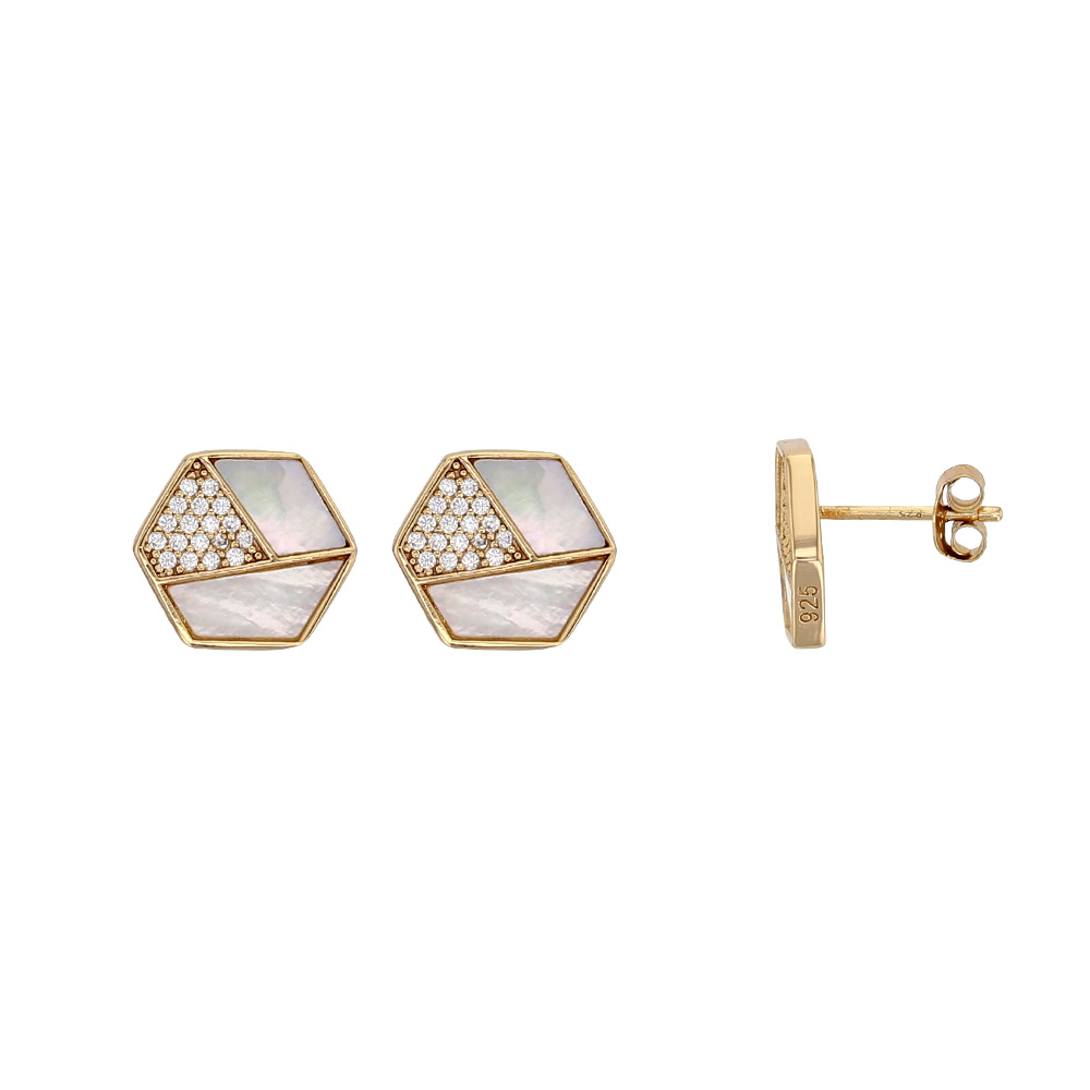 Boucles d'oreilles MADRE PERLA hexagone argent 925/1000 doré avec nacre et oxydes de zirconium (313028D)