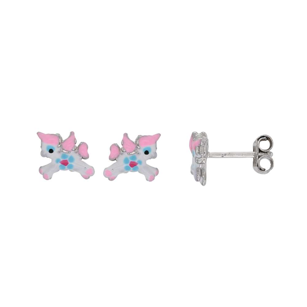 Boucles d'oreilles puces licorne émail blanc et rose, argent 925/1000 rhodié (31318253BLR)