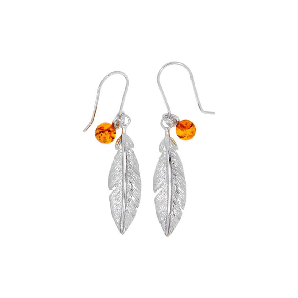 Fils d'oreilles plume pendant boule Ambre miel et argent 925/1000 rhodié (31318210)