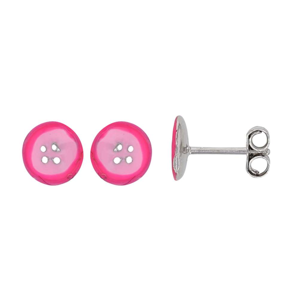 Boucles d'oreilles puces forme bouton émail rose et argent 925/1000 rhodié (31318256RO)