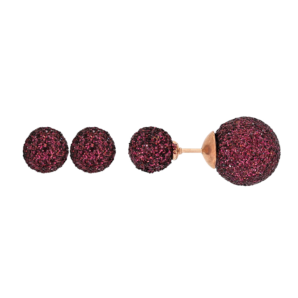 Boucles d'oreilles puces acier doré rose 2 boules pailletées prune ø 7-10 mm (313251RP)