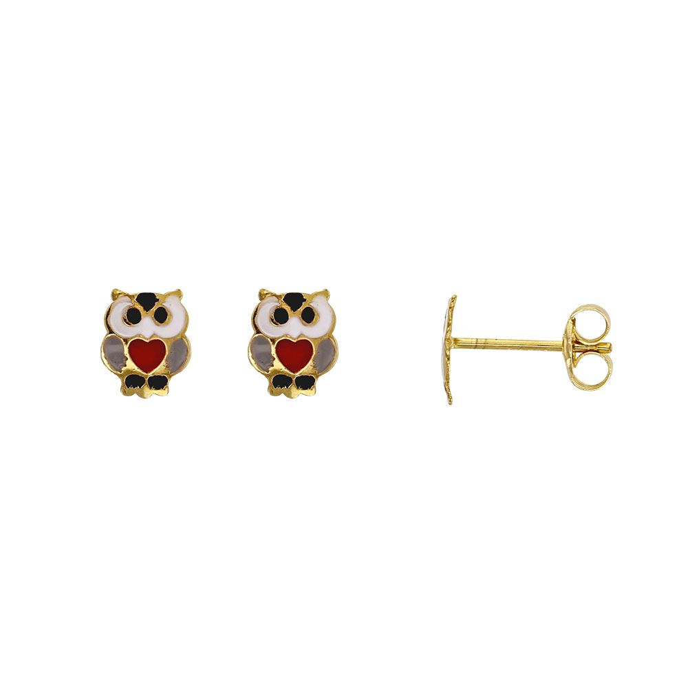 Boucles d'oreille puce Hibou en or 375/1000e et émail (393331)