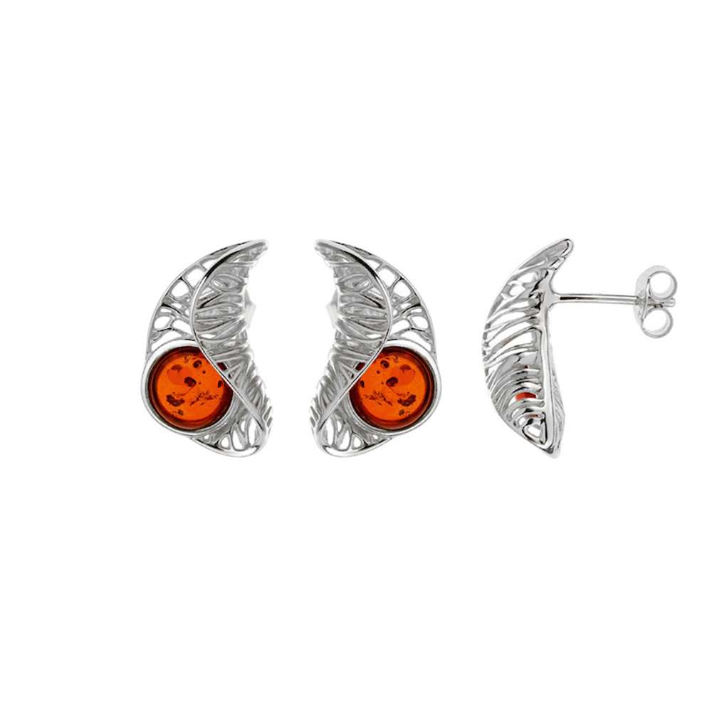 Boucle d'oreilles Ambre ronde et armature ajourée en argent 925/1000 rhodié (31318193)