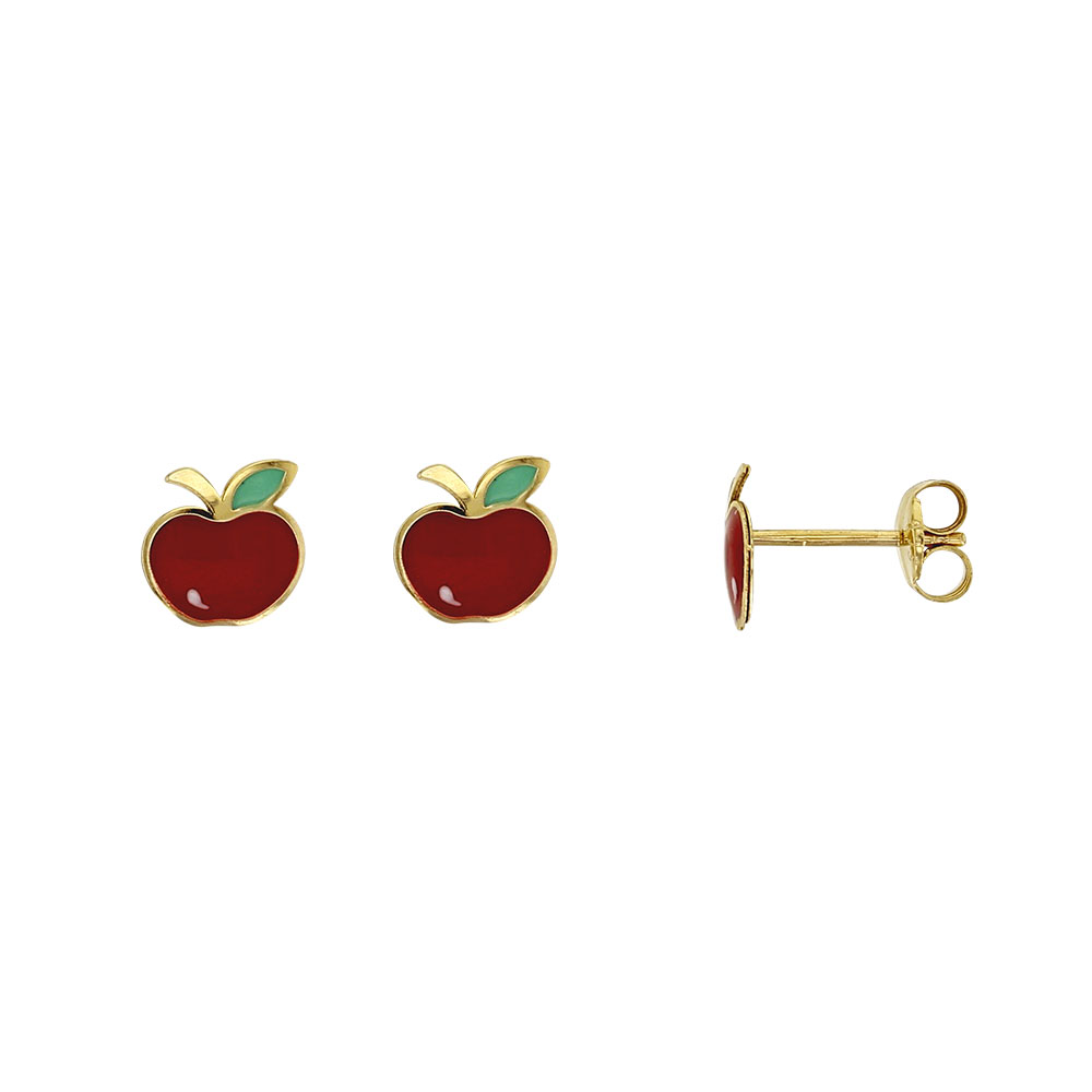Boucles d'oreilles puce or 375/1000e et émail en forme de pomme (393335)
