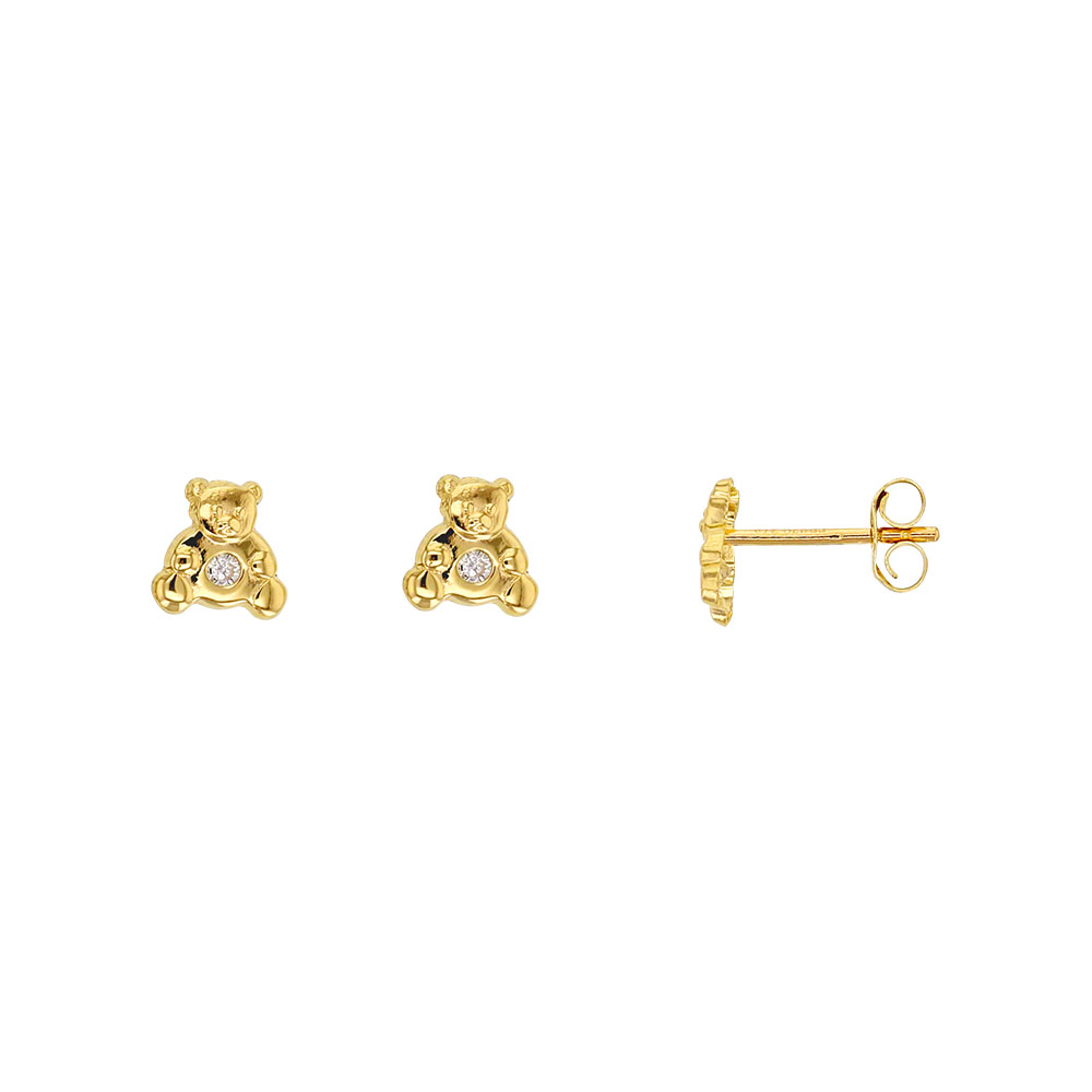 Boucles d'oreilles puce en forme de petit ourson Or 375/1000e et oxyde de zirconium