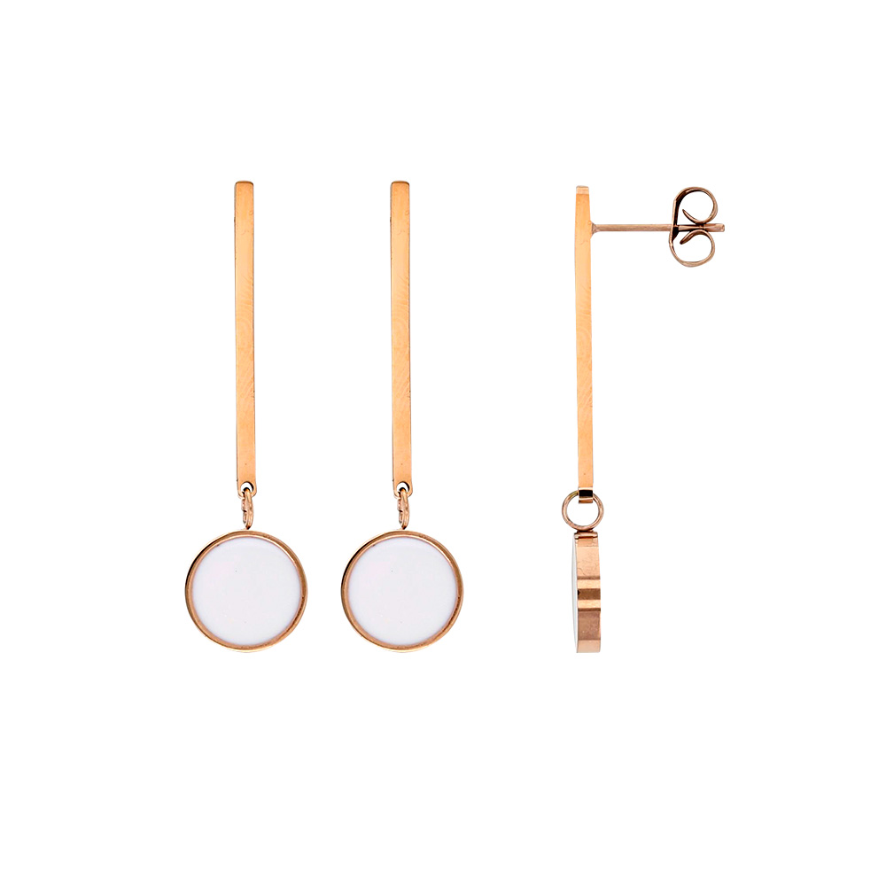 Boucles d'oreilles pendantes acier doré-rose ornées d'un rond blanc émaillé (313025)