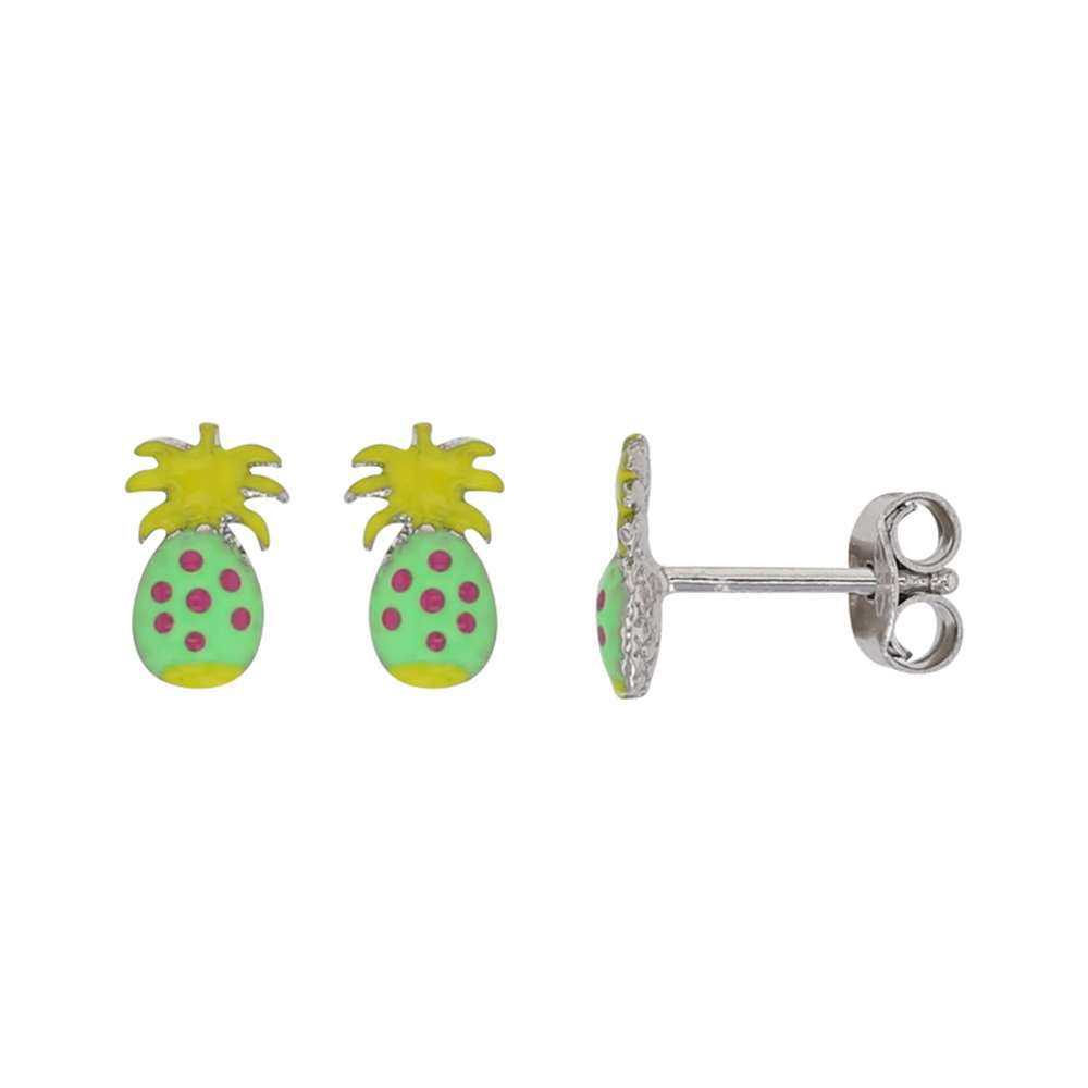 Boucles d'oreilles puces ananas émail vert et jaune, argent 925/1000 rhodié (31318255V)