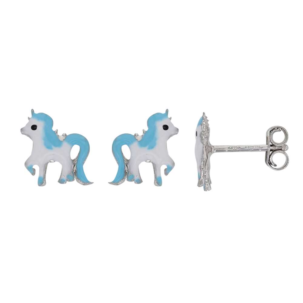 Boucles d'oreilles puces cheval émail blanc et turquoise, argent 925/1000 rhodié (31318254T)