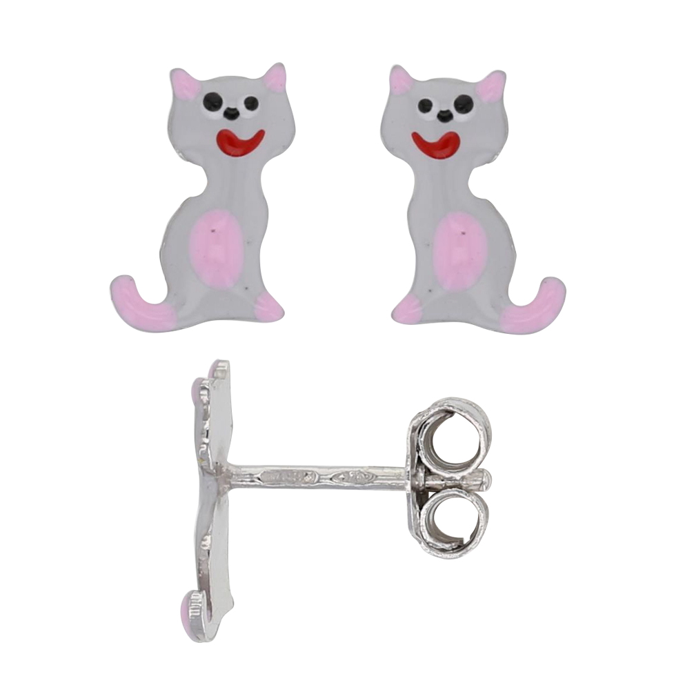 Boucles d'oreilles puces forme chat en argent rhodié (3131766)