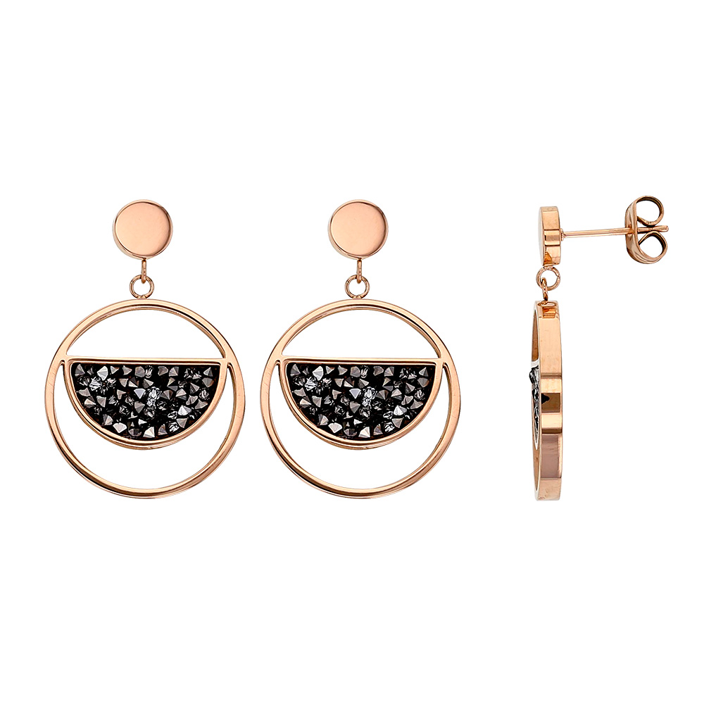 Boucles d'oreilles en acier doré-rose rond avec un demi-cercle orné de cristaux gris (313021R)