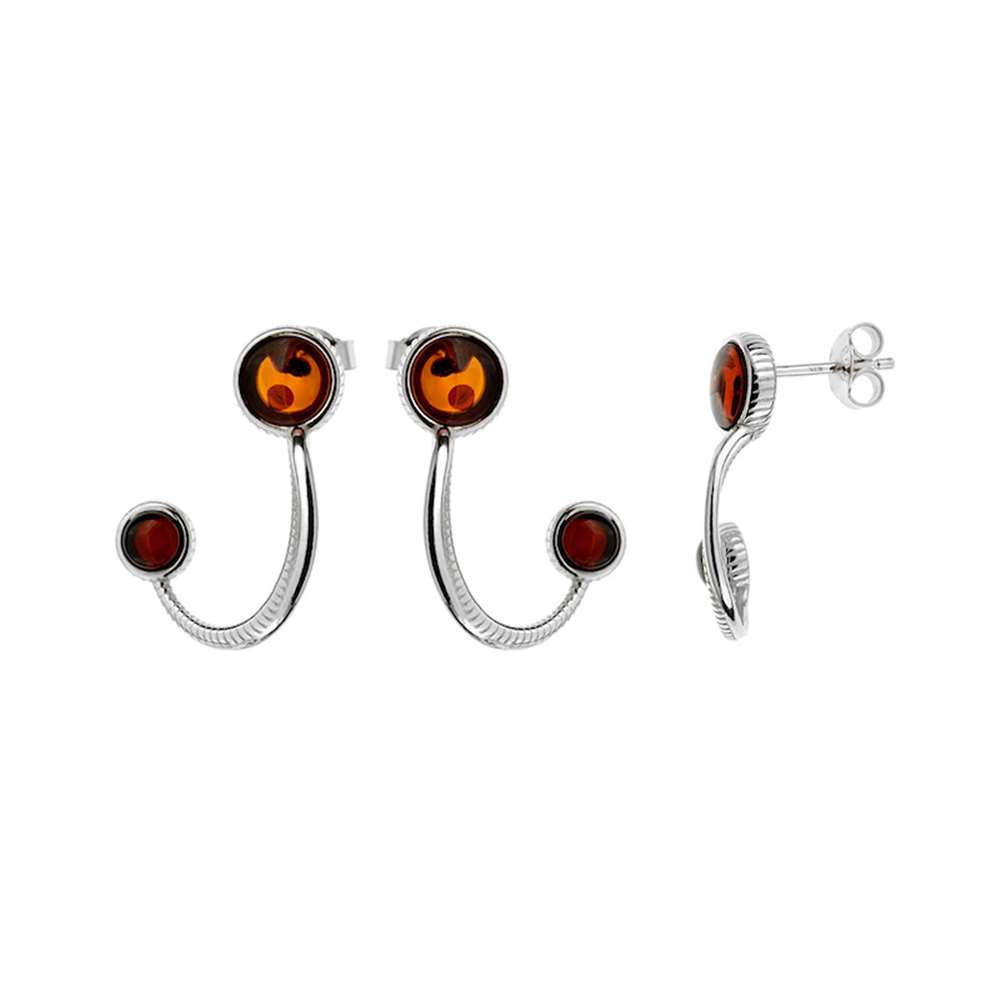 Boucles d'oreilles courbées et striées Ambre cognac et cerise, argent 925/1000 rhodié (31318176)